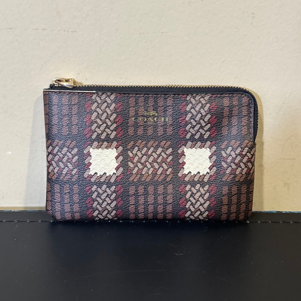 Coach Small Corner Zip Wristlet Woven Plaid Print Brown Burgundy Coated Canvas